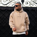 Men's Oversized Signature Detail Beige Cordless Hoodie (10)