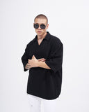 Men’s Oversized Linen Fabric Shirt with V-Neck in Black (7)