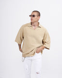 Men’s Oversized Linen Fabric Shirt with V-Neck in Beige (5)