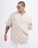 Men’s Oversized Linen Half-Button Mandarin Collar Shirt in Beige (7)