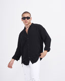 Men’s Oversized Fit Linen Mandarin Collar Shirt in Black (6)