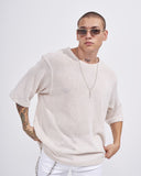 Men's Loose Linen Mesh Half Sleeve T-shirt in Beige (6)