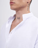 Men’s Oversized Fit Linen Mandarin Collar Shirt in White (2)