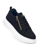 Chunky Suede Sneakers Gold Zipper Designer Shoes Black (4)