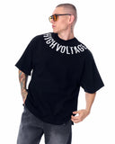 Men's Oversized Collar Screen Printed Black Heavy T-Shirt (6)