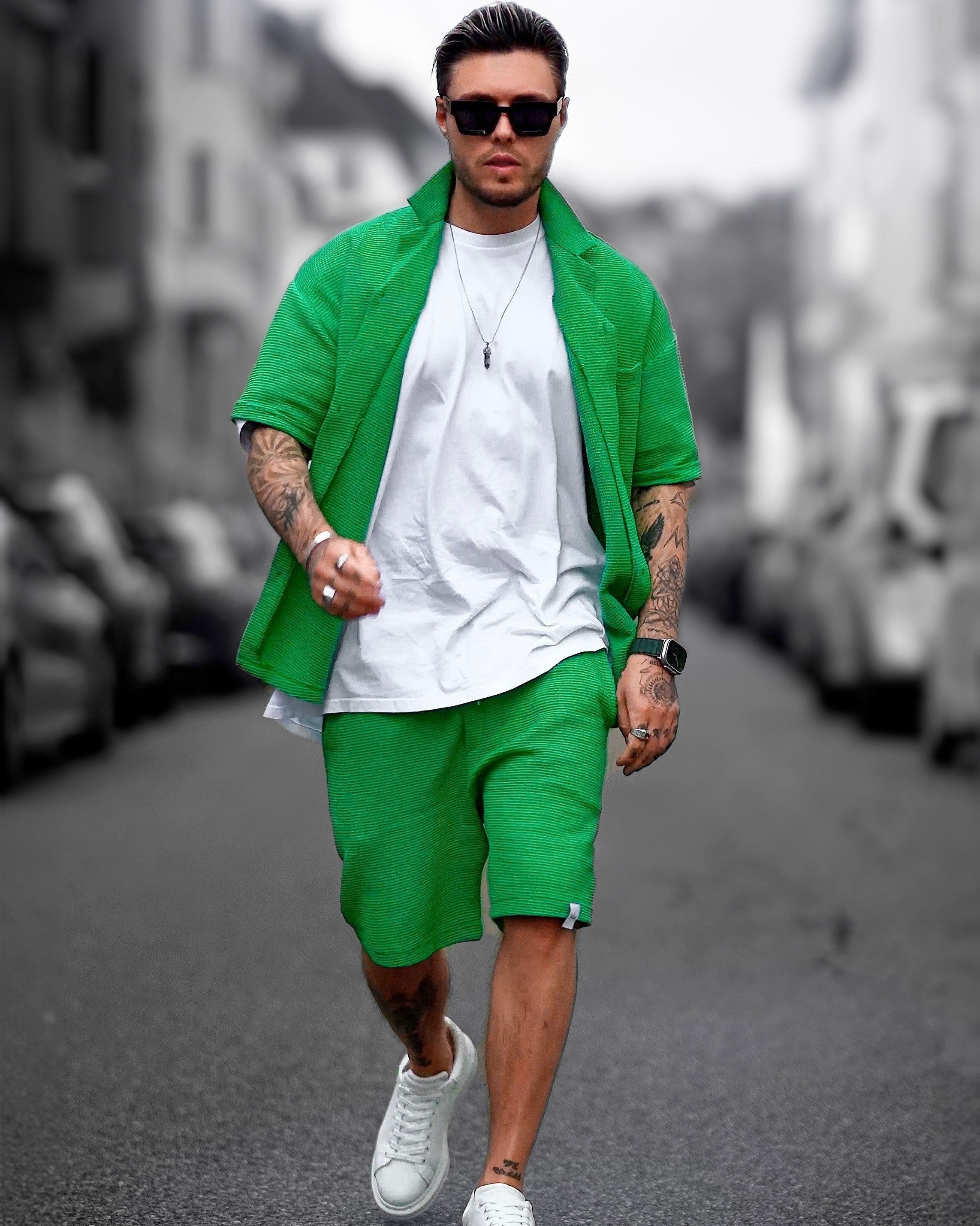 Men's Waffle Tracksuit Set with Shorts in Green Teal | Martin Valen