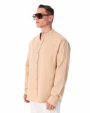 Mandarin Neck Oversized Linen Beige Shirt (2)