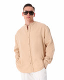 Mandarin Neck Oversized Linen Beige Shirt (6)