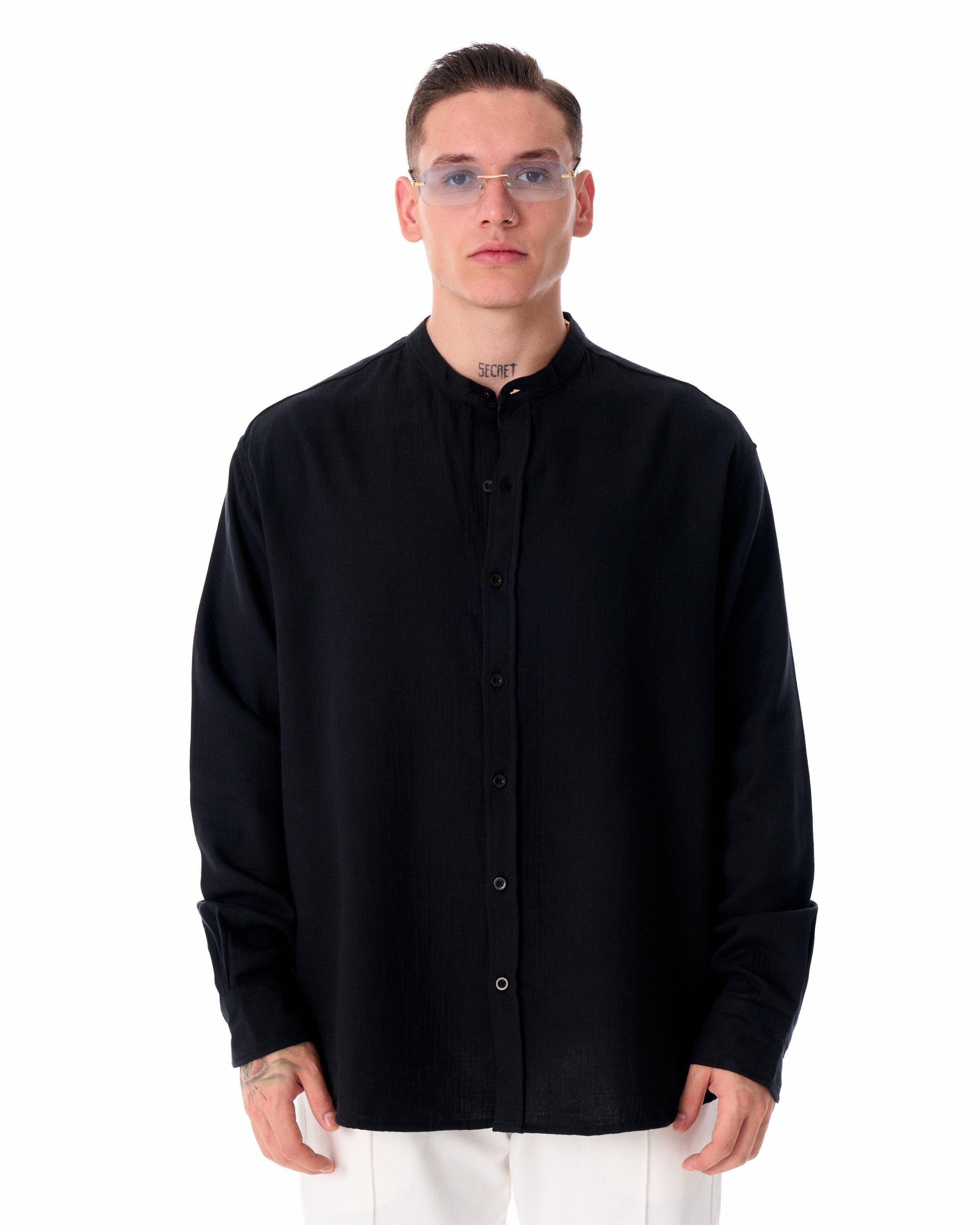 Mandarin Neck Oversized Linen Black Shirt | Martin Valen