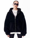Women's Black Plush Zipper Hoodie With Embroidery Print (3)