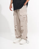 Men's Parachute Fabric Wide Leg Cargo Jogger in Beige