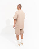 Men's Oversized Vintage 3D Print Detail Beige Tracksuit Set with Shorts (4)