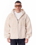 Beige Plush Zipper Hoodie with 3D Embroidery