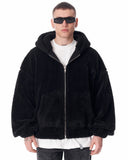 Black Plush Zipper Hoodie with 3D Embroidery