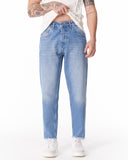 Men's Washed Blue Straight Leg Raw Hem Jeans