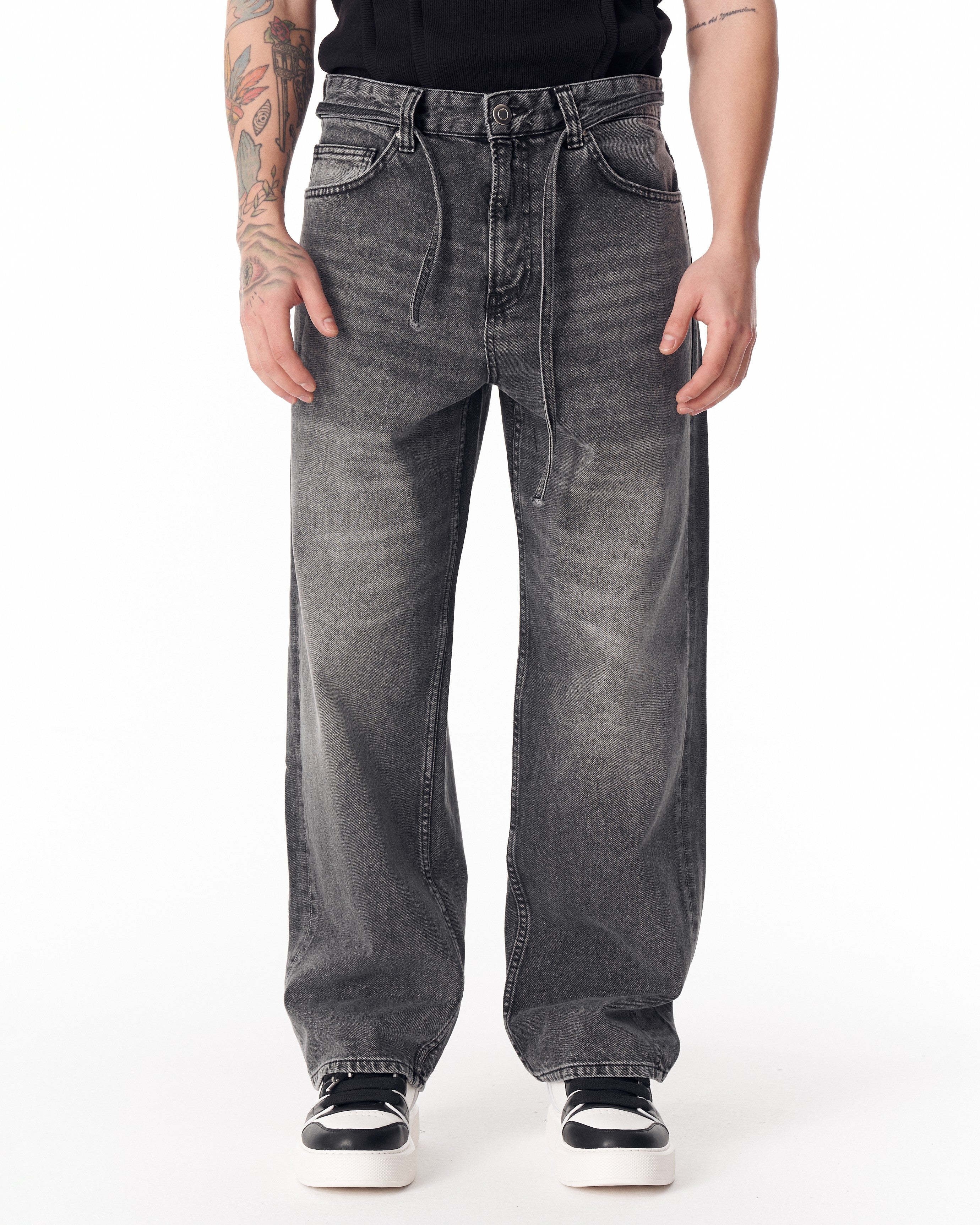 Men's Baggy Fit Faded Black Jeans with Denim Drawstring | MV