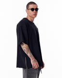 Sidezip Raw-Edge Crew Neck Oversized Black T-shirt