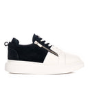 Premium Leather Designer Silver Zipped Sneakers Black White