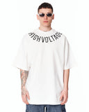 Men's Oversized Collar Screen Printed White Heavy T-Shirt styled with blue cargo jeans and white sneakers
