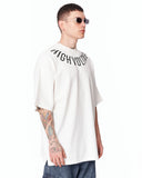 Men's Oversized Collar Screen Printed White Heavy T-Shirt shown on a model in a clean studio front view