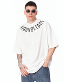 Men's Oversized Collar Screen Printed White Heavy T-Shirt paired with relaxed denim cargo pants