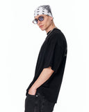Because Text Print Oversized Black T-Shirt styled with bandana and denim
