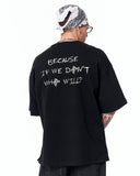 Because Text Print Oversized Black T-Shirt for casual denim styling