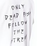 Follow The Stream Oversized White T-Shirt paired with grey denim jeans