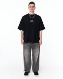 Look Mom Text Print Oversized Black T-Shirt styled with denim and accessories