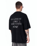 Loved Me Heart Graphic Oversized Black T-Shirt for modern streetwear outfits
