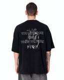 Loved Me Heart Graphic Oversized Black T-Shirt with white text artwork