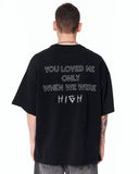 Loved Me Text Print Oversized Black T-Shirt with white statement lettering