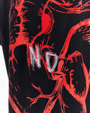 Black shirt with red and white abstract design and 'ND' text.