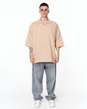 Men’s Oversized Linen Fabric Shirt with V-Neck in Beige designed for relaxed everyday styling
