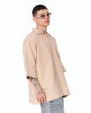 Men’s Oversized Linen Fabric Shirt with V-Neck in Beige in a neutral studio setting