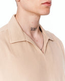 Men’s Oversized Linen Fabric Shirt with V-Neck in Beige shown on a model in a clean studio front view