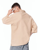 Men’s Oversized Linen Fabric Shirt with V-Neck in Beige styled for a modern casual streetwear look