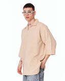Men’s Oversized Linen Fabric Shirt with V-Neck in Beige with wide sleeves and drop shoulder design