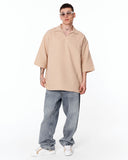 Men’s Oversized Linen Fabric Shirt with V-Neck in Beige worn with white sunglasses and white sneakers