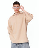 Men’s Oversized Linen Fabric Shirt with V-Neck in Beige featuring a minimal plain front design