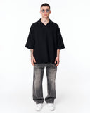 Men’s Oversized Linen Fabric Shirt with V-Neck in Black featuring a clean plain black design