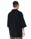 Men’s Oversized Linen Fabric Shirt with V-Neck in Black with a soft open V-neck collar detail
