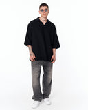Men’s Oversized Linen Fabric Shirt with V-Neck in Black designed for modern casual streetwear looks