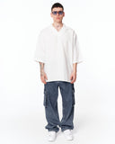 Men’s Oversized Linen Fabric Shirt with V-Neck in White with a clean white tone and relaxed proportions