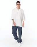 Men’s Oversized Linen Fabric Shirt with V-Neck in White with wide sleeves and a minimal plain design