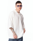 Men’s Oversized Linen Fabric Shirt with V-Neck in White in a full-body studio product image