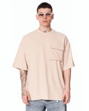 Utility Pocket Oversized Beige T-Shirt with large chest pocket detail