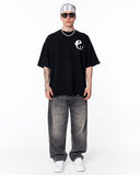Yin Yang Brush Graphic Oversized Black T-Shirt with artistic white symbol print