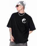 Yin Yang Brush Graphic Oversized Black T-Shirt styled with bandana and denim