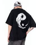 Yin Yang Brush Graphic Oversized Black T-Shirt with statement back artwork
